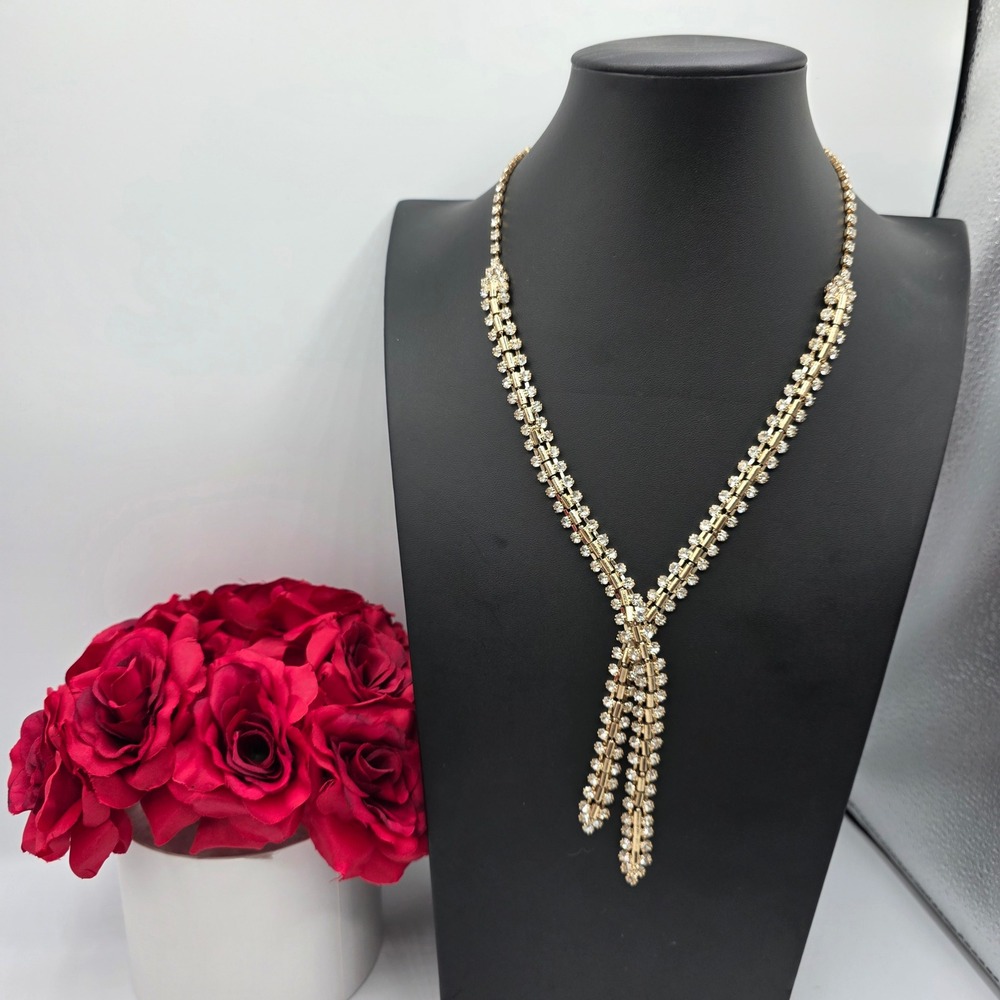 Gold Tone Clear Rhinestone Y-Drop Lariat Necklace Formal Evening Statement